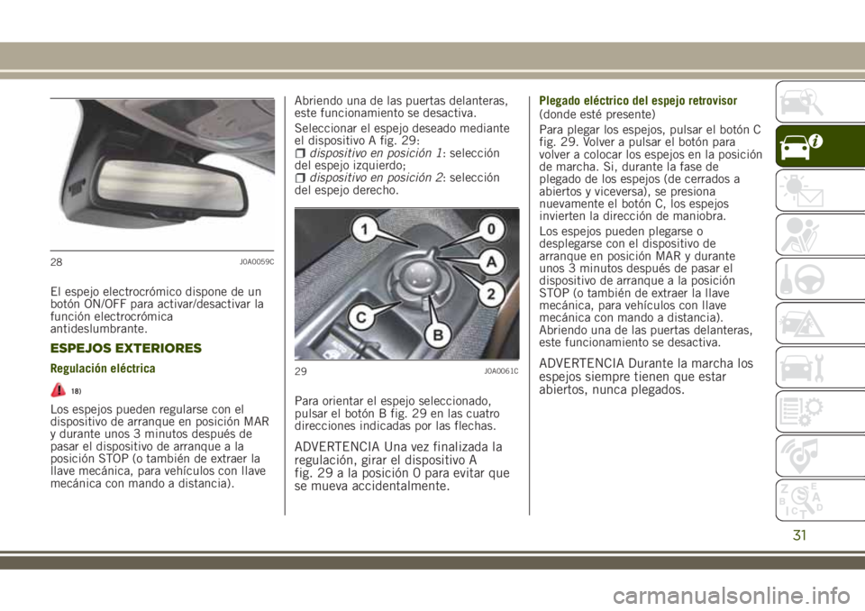 JEEP RENEGADE 2018  Manual de Empleo y Cuidado (in Spanish) El espejo electrocrómico dispone de un
botón ON/OFF para activar/desactivar la
función electrocrómica
antideslumbrante.
ESPEJOS EXTERIORES
Regulación eléctrica
18)
Los espejos pueden regularse c