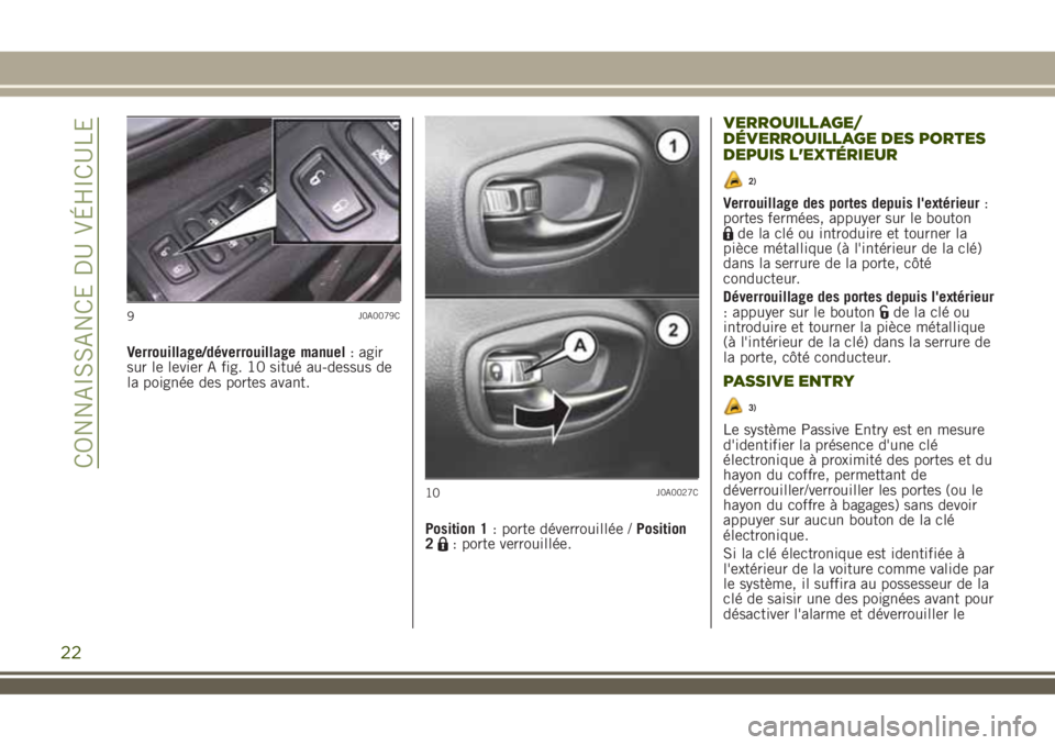 JEEP RENEGADE 2018 Notice dentretien (in French) Verrouillage/déverrouillage manuel: agir
sur le levier A fig. 10 situé au-dessus de
la poignée des portes avant.
Position 1: porte déverrouillée /Position
2
: porte verrouillée.
VERROUILLAGE/
D JEEP RENEGADE 2018 Notice dentretien (in French) Verrouillage/déverrouillage manuel: agir
sur le levier A fig. 10 situé au-dessus de
la poignée des portes avant.
Position 1: porte déverrouillée /Position
2
: porte verrouillée.
VERROUILLAGE/
D