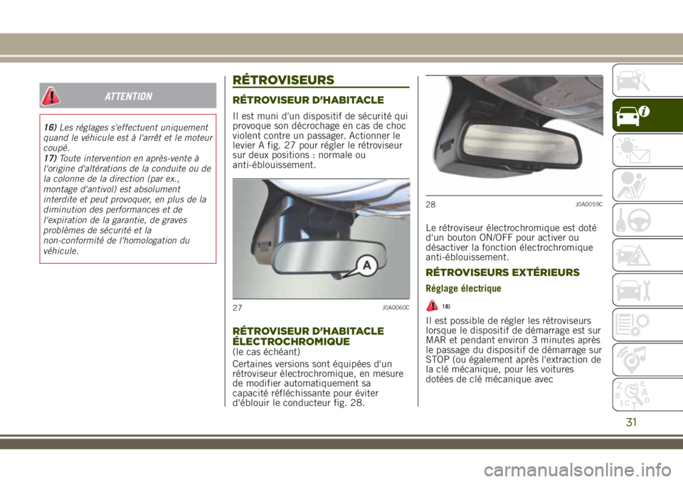 JEEP RENEGADE 2018  Notice dentretien (in French) ATTENTION
16)Les réglages s'effectuent uniquement
quand le véhicule est à l'arrêt et le moteur
coupé.
17)Toute intervention en après-vente à
l'origine d'altérations de la condu