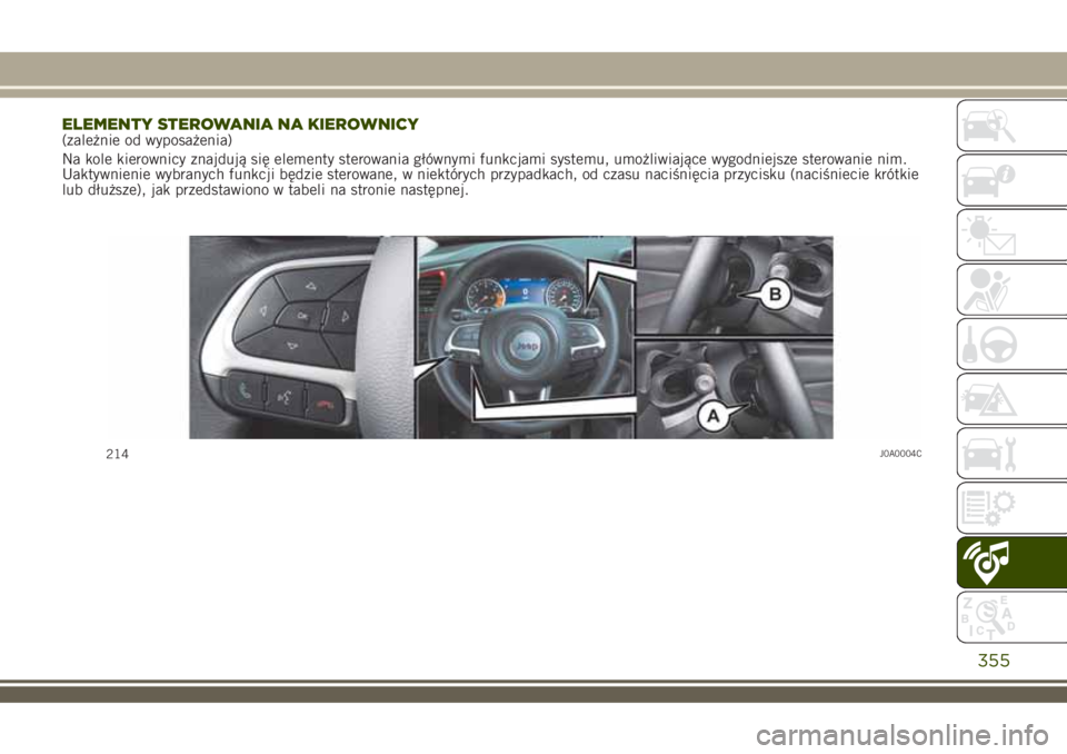 JEEP RENEGADE 2018  Instrukcja obsługi (in Polish) ELEMENTY STEROWANIA NA KIEROWNICY(zależnie od wyposażenia)
Na kole kierownicy znajdują się elementy sterowania głównymi funkcjami systemu, umożliwiające wygodniejsze sterowanie nim.
Uaktywnien
