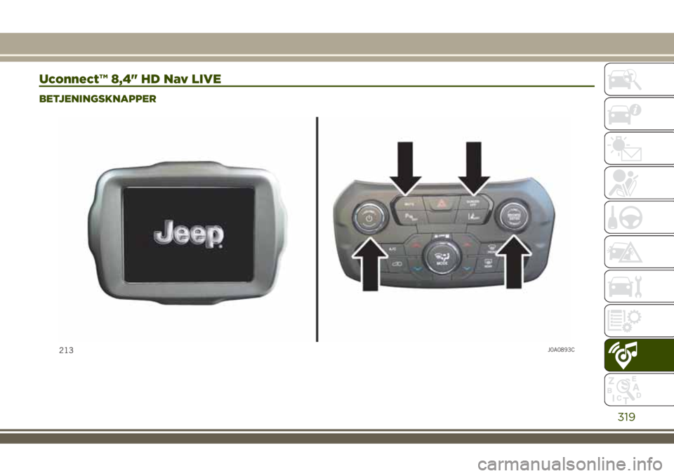 JEEP RENEGADE 2018  Drift- og vedlikeholdshåndbok (in Norwegian) Uconnect™ 8,4" HD Nav LIVE
BETJENINGSKNAPPER
213J0A0893C
319 