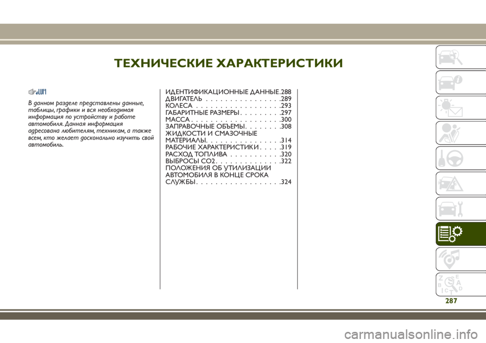JEEP RENEGADE 2018  Руководство по эксплуатации и техобслуживанию (in Russian) ТЕХНИЧЕСКИЕ ХАРАКТЕРИСТИКИ
В данном разделе представлены данные,
таблицы, графики и вся необходимая
информа