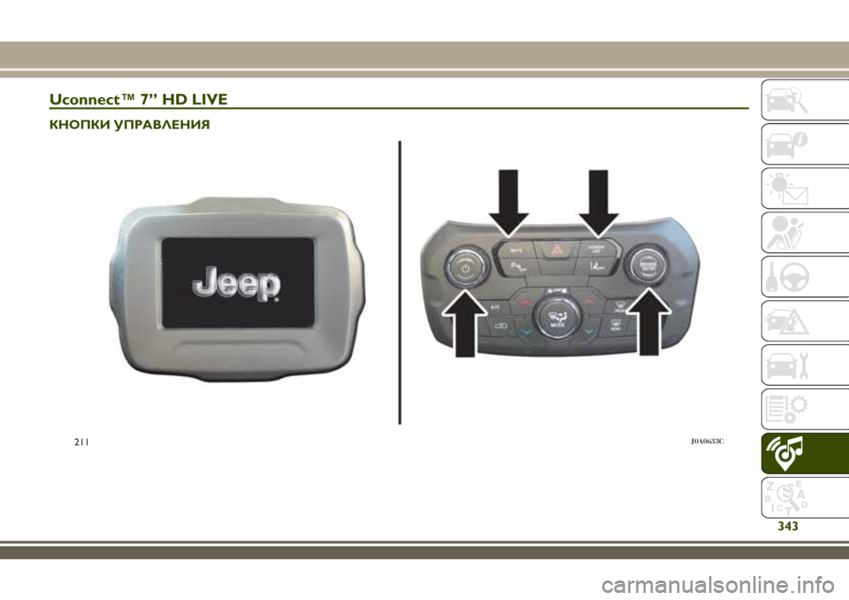 JEEP RENEGADE 2018  Руководство по эксплуатации и техобслуживанию (in Russian) Uconnect™ 7” HD LIVE
КНОПКИ УПРАВЛЕНИЯ
211J0A0633C
343 