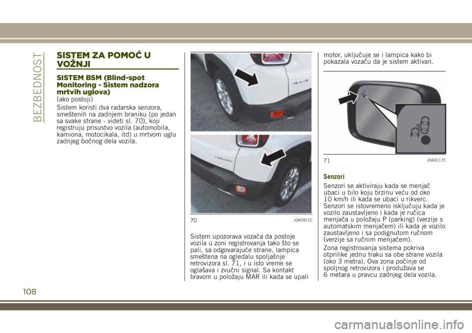JEEP RENEGADE 2018  Knjižica za upotrebu i održavanje (in Serbian) SISTEM ZA POMOĆ U
VOŽNJI
SISTEM BSM (Blind-spot
Monitoring - Sistem nadzora
mrtvih uglova)
(ako postoji)
Sistem koristi dva radarska senzora,
smeštenih na zadnjem braniku (po jedan
sa svake strane 