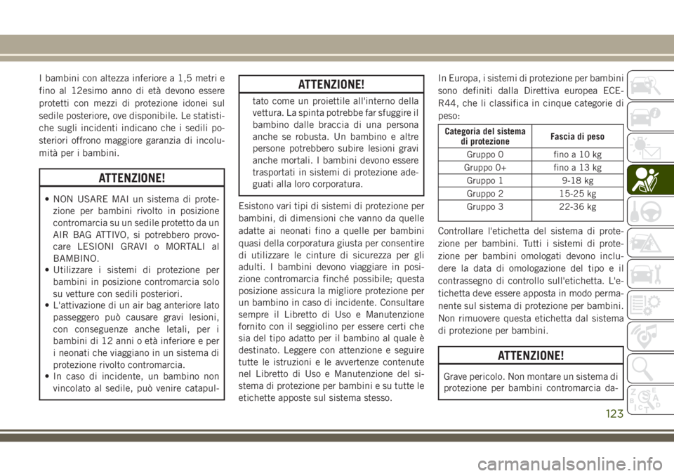 JEEP CHEROKEE 2018 Libretto Uso Manutenzione (in Italian) I bambini con altezza inferiore a 1,5 metri e
fino al 12esimo anno di età devono essere
protetti con mezzi di protezione idonei sul
sedile posteriore, ove disponibile. Le statisti-
che sugli incident JEEP CHEROKEE 2018 Libretto Uso Manutenzione (in Italian) I bambini con altezza inferiore a 1,5 metri e
fino al 12esimo anno di età devono essere
protetti con mezzi di protezione idonei sul
sedile posteriore, ove disponibile. Le statisti-
che sugli incident
