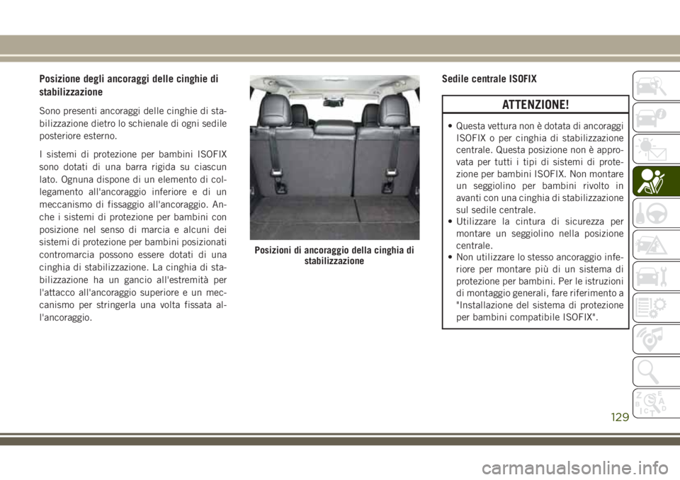 JEEP CHEROKEE 2018 Libretto Uso Manutenzione (in Italian) Posizione degli ancoraggi delle cinghie di
stabilizzazione
Sono presenti ancoraggi delle cinghie di sta-
bilizzazione dietro lo schienale di ogni sedile
posteriore esterno.
I sistemi di protezione per JEEP CHEROKEE 2018 Libretto Uso Manutenzione (in Italian) Posizione degli ancoraggi delle cinghie di
stabilizzazione
Sono presenti ancoraggi delle cinghie di sta-
bilizzazione dietro lo schienale di ogni sedile
posteriore esterno.
I sistemi di protezione per
