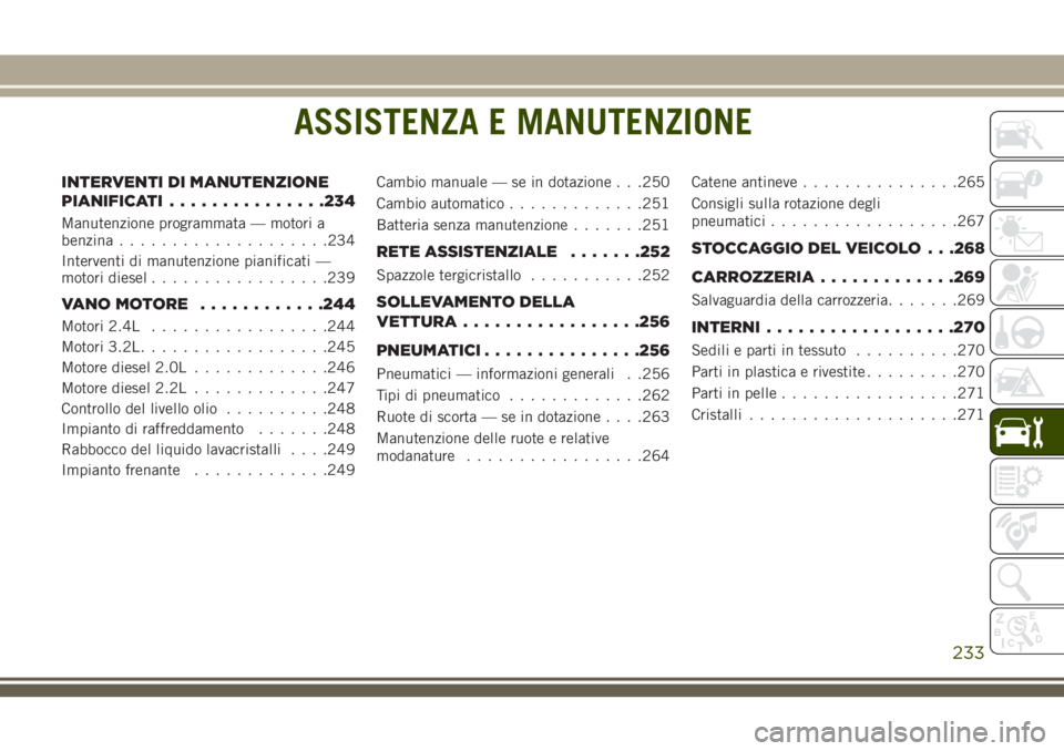 JEEP CHEROKEE 2018 Libretto Uso Manutenzione (in Italian) ASSISTENZA E MANUTENZIONE
INTERVENTI DI MANUTENZIONE
PIANIFICATI...............234
Manutenzione programmata — motori a
benzina....................234
Interventi di manutenzione pianificati —
motor JEEP CHEROKEE 2018 Libretto Uso Manutenzione (in Italian) ASSISTENZA E MANUTENZIONE
INTERVENTI DI MANUTENZIONE
PIANIFICATI...............234
Manutenzione programmata — motori a
benzina....................234
Interventi di manutenzione pianificati —
motor