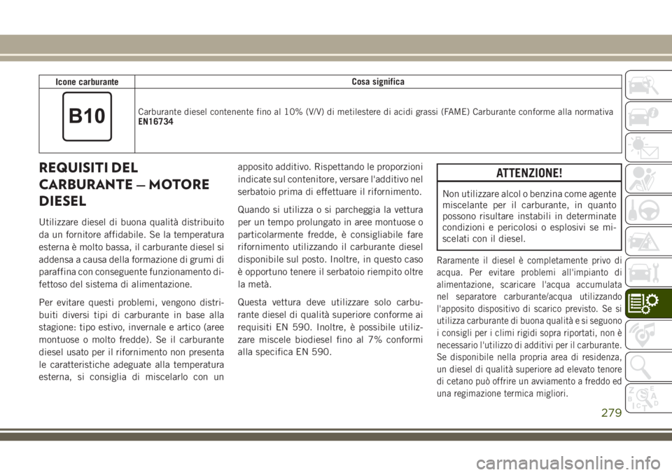 JEEP CHEROKEE 2018  Libretto Uso Manutenzione (in Italian) Icone carburanteCosa significa
Carburante diesel contenente fino al 10% (V/V) di metilestere di acidi grassi (FAME) Carburante conforme alla normativa
EN16734
REQUISITI DEL
CARBURANTE — MOTORE
DIESE