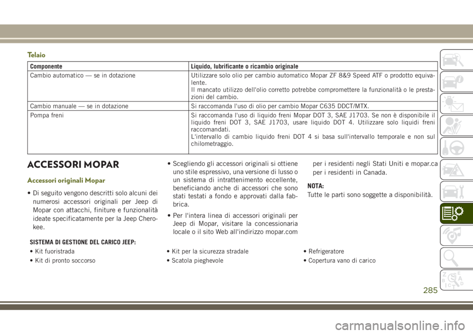 JEEP CHEROKEE 2018  Libretto Uso Manutenzione (in Italian) Telaio
Componente Liquido, lubrificante o ricambio originale
Cambio automatico — se in dotazione Utilizzare solo olio per cambio automatico Mopar ZF 8&9 Speed ATF o prodotto equiva-
lente.
Il mancat