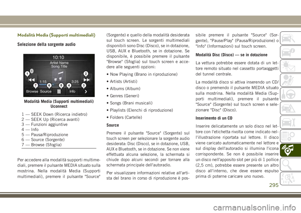 JEEP CHEROKEE 2018 Libretto Uso Manutenzione (in Italian) Modalità Media (Supporti multimediali)
Selezione della sorgente audio
Per accedere alla modalità supporti multime-
diali, premere il pulsante MEDIA situato sulla
mostrina. Nella modalità Media (Sup JEEP CHEROKEE 2018 Libretto Uso Manutenzione (in Italian) Modalità Media (Supporti multimediali)
Selezione della sorgente audio
Per accedere alla modalità supporti multime-
diali, premere il pulsante MEDIA situato sulla
mostrina. Nella modalità Media (Sup