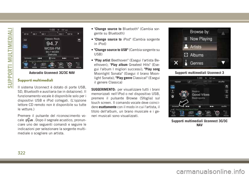 JEEP CHEROKEE 2018 Libretto Uso Manutenzione (in Italian) Supporti multimediali
Il sistema Uconnect è dotato di porte USB,
SD, Bluetooth e ausiliaria (se in dotazione). Il
funzionamento vocale è disponibile solo per i
dispositivi USB e iPod collegati. (L JEEP CHEROKEE 2018 Libretto Uso Manutenzione (in Italian) Supporti multimediali
Il sistema Uconnect è dotato di porte USB,
SD, Bluetooth e ausiliaria (se in dotazione). Il
funzionamento vocale è disponibile solo per i
dispositivi USB e iPod collegati. (L