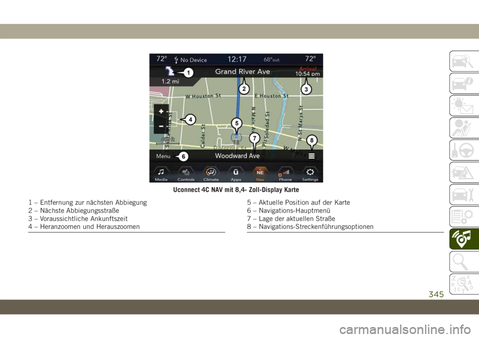 JEEP CHEROKEE 2019  Betriebsanleitung (in German) Uconnect 4C NAV mit 8,4- Zoll-Display Karte
1 – Entfernung zur nächsten Abbiegung
2 – Nächste Abbiegungsstraße
3 – Voraussichtliche Ankunftszeit
4 – Heranzoomen und Herauszoomen5 – Aktuel