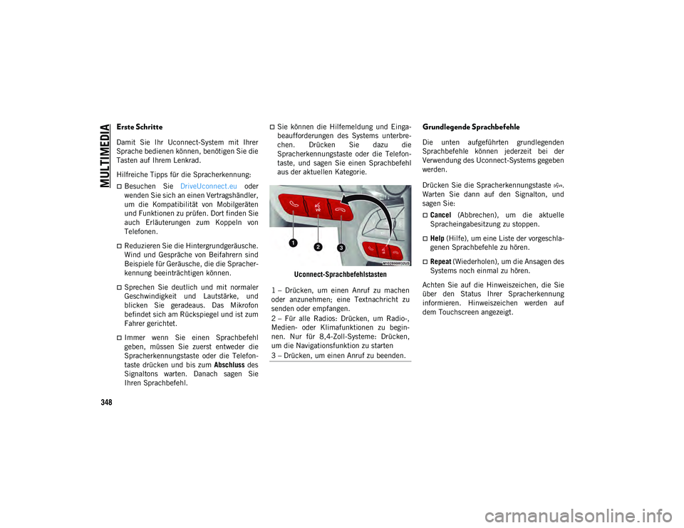 JEEP CHEROKEE 2021 Betriebsanleitung (in German) MULTIMEDIA
348
Erste Schritte
Damit Sie Ihr Uconnect-System mit Ihrer
Sprache bedienen können, benötigen Sie die
Tasten auf Ihrem Lenkrad.
Hilfreiche Tipps für die Spracherkennung:
Besuchen JEEP CHEROKEE 2021 Betriebsanleitung (in German) MULTIMEDIA
348
Erste Schritte
Damit Sie Ihr Uconnect-System mit Ihrer
Sprache bedienen können, benötigen Sie die
Tasten auf Ihrem Lenkrad.
Hilfreiche Tipps für die Spracherkennung:
Besuchen