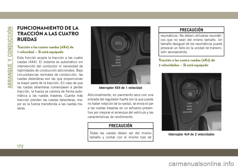 JEEP CHEROKEE 2019 Manual de Empleo y Cuidado (in Spanish) FUNCIONAMIENTO DE LA
TRACCIÓN A LAS CUATRO
RUEDAS
Tracción a las cuatro ruedas (4X4) de
1 velocidad — Si está equipado
Esta función acopla la tracción a las cuatro
ruedas (4X4). El sistema es a JEEP CHEROKEE 2019 Manual de Empleo y Cuidado (in Spanish) FUNCIONAMIENTO DE LA
TRACCIÓN A LAS CUATRO
RUEDAS
Tracción a las cuatro ruedas (4X4) de
1 velocidad — Si está equipado
Esta función acopla la tracción a las cuatro
ruedas (4X4). El sistema es a