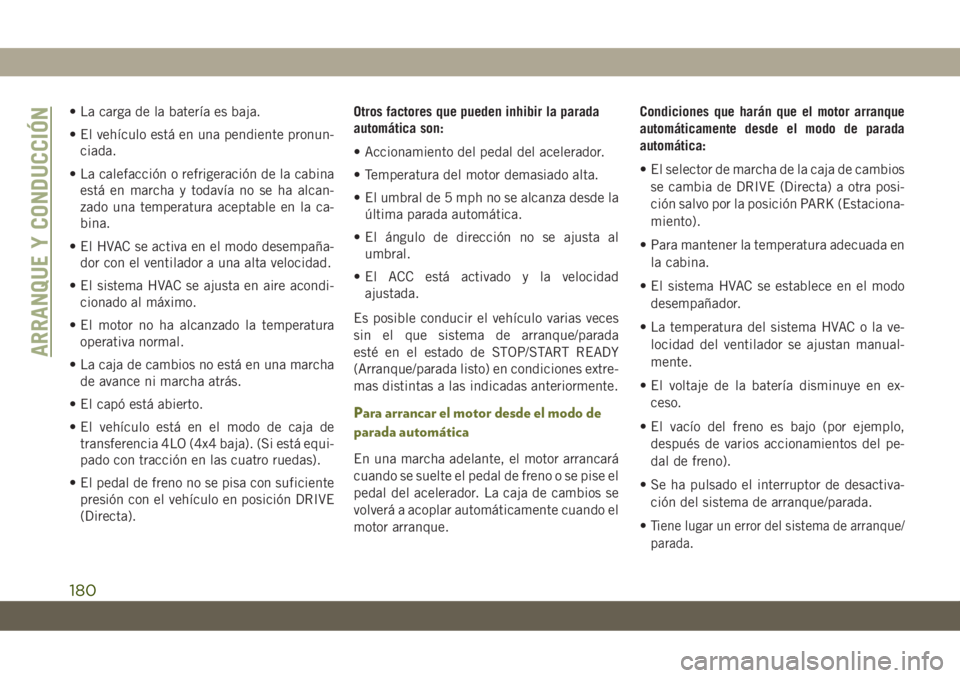 JEEP CHEROKEE 2019 Manual de Empleo y Cuidado (in Spanish) • La carga de la batería es baja.
• El vehículo está en una pendiente pronun-
ciada.
• La calefacción o refrigeración de la cabina
está en marcha y todavía no se ha alcan-
zado una temper JEEP CHEROKEE 2019 Manual de Empleo y Cuidado (in Spanish) • La carga de la batería es baja.
• El vehículo está en una pendiente pronun-
ciada.
• La calefacción o refrigeración de la cabina
está en marcha y todavía no se ha alcan-
zado una temper