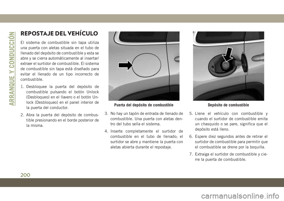 JEEP CHEROKEE 2019 Manual de Empleo y Cuidado (in Spanish) REPOSTAJE DEL VEHÍCULO
El sistema de combustible sin tapa utiliza
una puerta con aletas situada en el tubo de
llenado del depósito de combustible y esta se
abre y se cierra automáticamente al inser JEEP CHEROKEE 2019 Manual de Empleo y Cuidado (in Spanish) REPOSTAJE DEL VEHÍCULO
El sistema de combustible sin tapa utiliza
una puerta con aletas situada en el tubo de
llenado del depósito de combustible y esta se
abre y se cierra automáticamente al inser