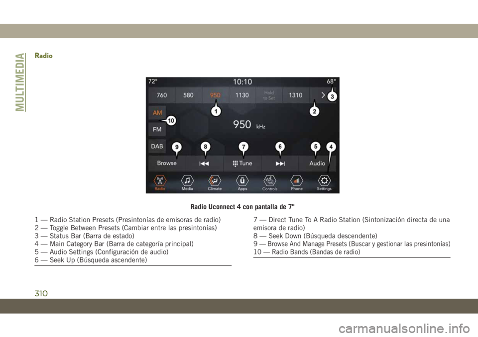 JEEP CHEROKEE 2019  Manual de Empleo y Cuidado (in Spanish) Radio
Radio Uconnect 4 con pantalla de 7"
1 — Radio Station Presets (Presintonías de emisoras de radio)
2 — Toggle Between Presets (Cambiar entre las presintonías)
3 — Status Bar (Barra de