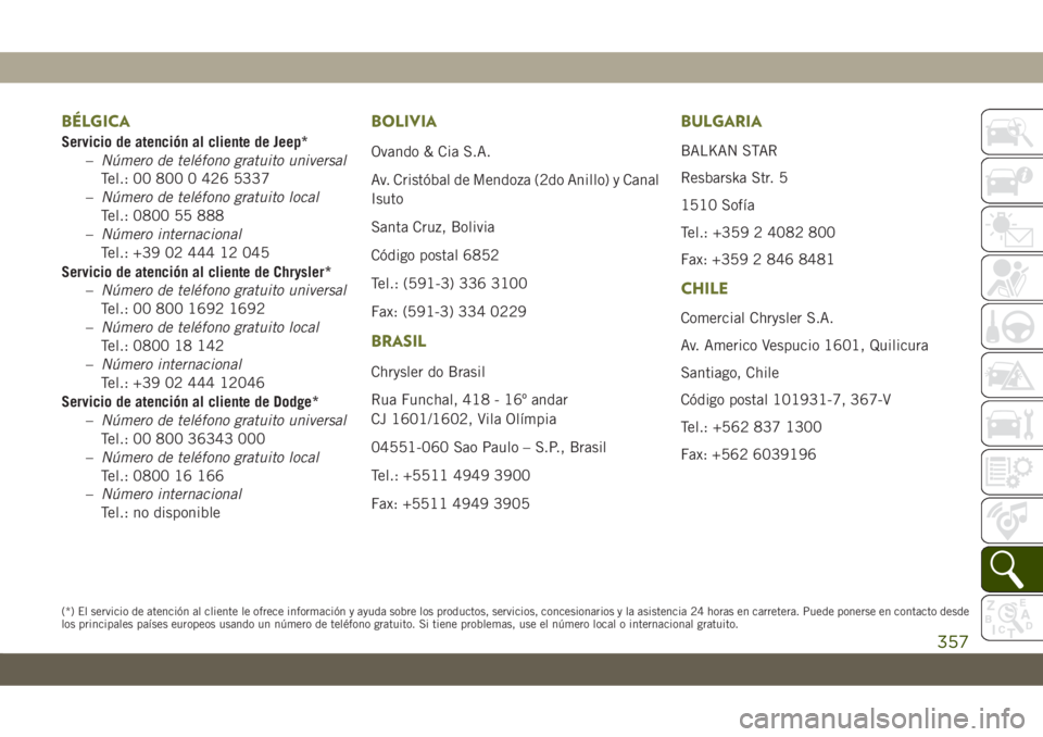 JEEP CHEROKEE 2019 Manual de Empleo y Cuidado (in Spanish) BÉLGICA
Servicio de atención al cliente de Jeep*
–Número de teléfono gratuito universal
Tel.: 00 800 0 426 5337
–Número de teléfono gratuito local
Tel.: 0800 55 888
–Número internacional
JEEP CHEROKEE 2019 Manual de Empleo y Cuidado (in Spanish) BÉLGICA
Servicio de atención al cliente de Jeep*
–Número de teléfono gratuito universal
Tel.: 00 800 0 426 5337
–Número de teléfono gratuito local
Tel.: 0800 55 888
–Número internacional