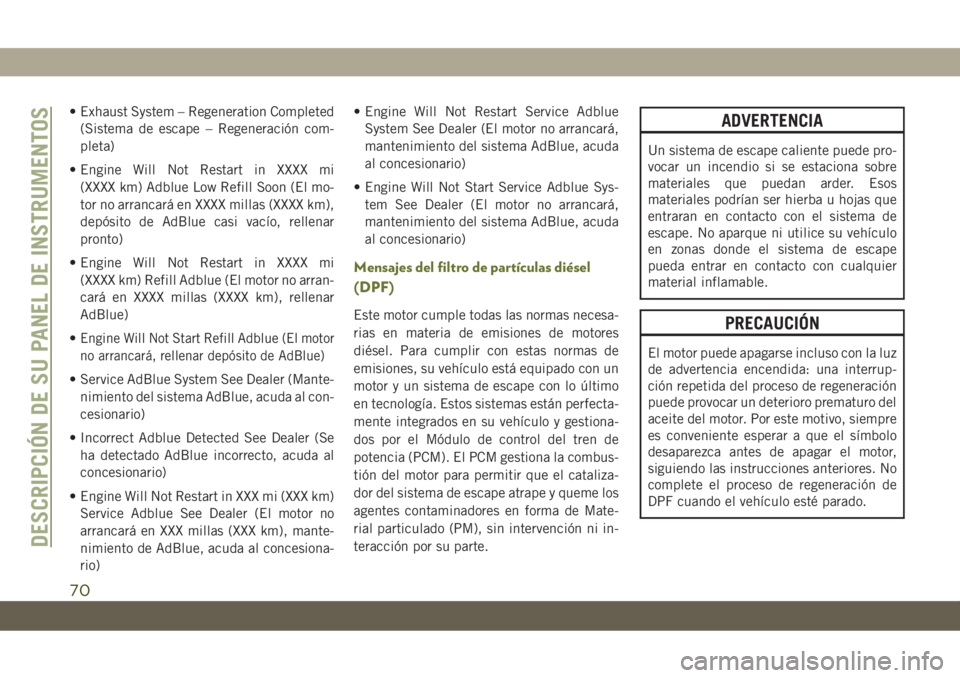 JEEP CHEROKEE 2019 Manual de Empleo y Cuidado (in Spanish) • Exhaust System – Regeneration Completed
(Sistema de escape – Regeneración com-
pleta)
• Engine Will Not Restart in XXXX mi
(XXXX km) Adblue Low Refill Soon (El mo-
tor no arrancará en XXXX JEEP CHEROKEE 2019 Manual de Empleo y Cuidado (in Spanish) • Exhaust System – Regeneration Completed
(Sistema de escape – Regeneración com-
pleta)
• Engine Will Not Restart in XXXX mi
(XXXX km) Adblue Low Refill Soon (El mo-
tor no arrancará en XXXX