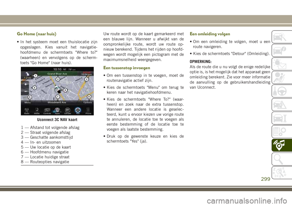 JEEP CHEROKEE 2018  Instructieboek (in Dutch) Go Home (naar huis)
• In het systeem moet een thuislocatie zijn
opgeslagen. Kies vanuit het navigatie-
hoofdmenu de schermtoets "Where to?"
(waarheen) en vervolgens op de scherm-
toets "