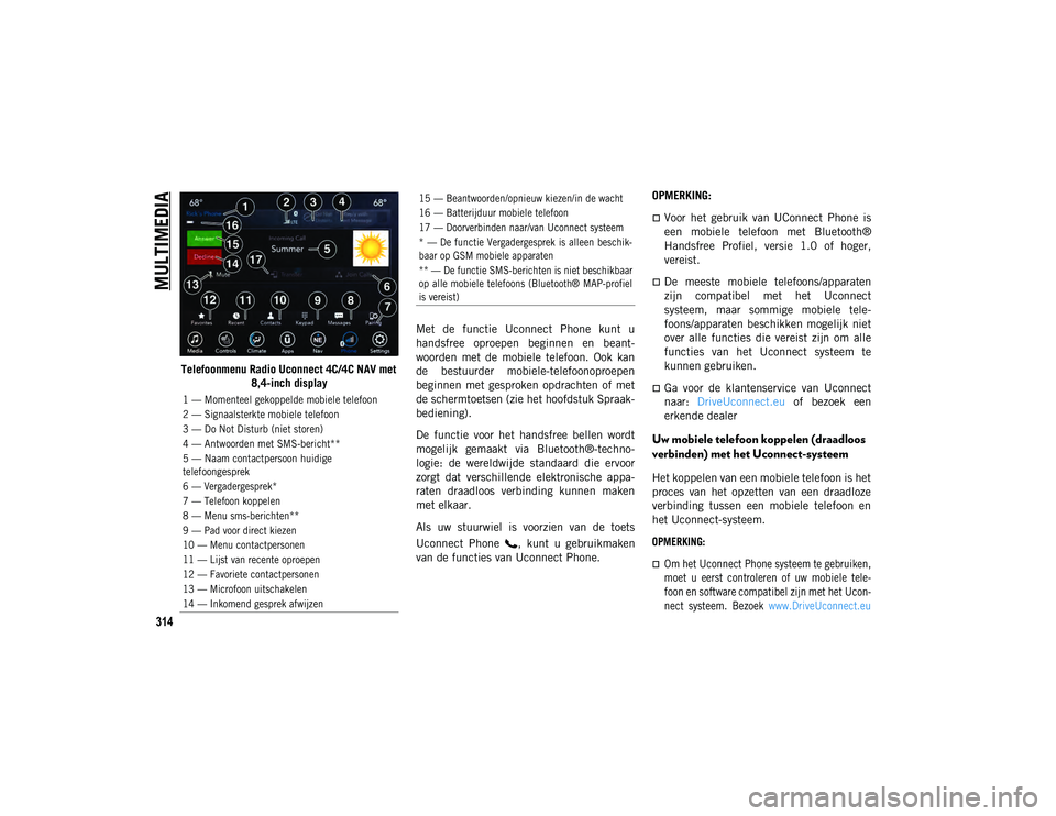 JEEP CHEROKEE 2020  Instructieboek (in Dutch) MULTIMEDIA
314
Telefoonmenu Radio Uconnect 4C/4C NAV met 8,4-inch display Met  de  functie  Uconnect  Phone  kunt  u
handsfree  oproepen  beginnen  en  beant-
woorden  met  de  mobiele  telefoon.  Ook