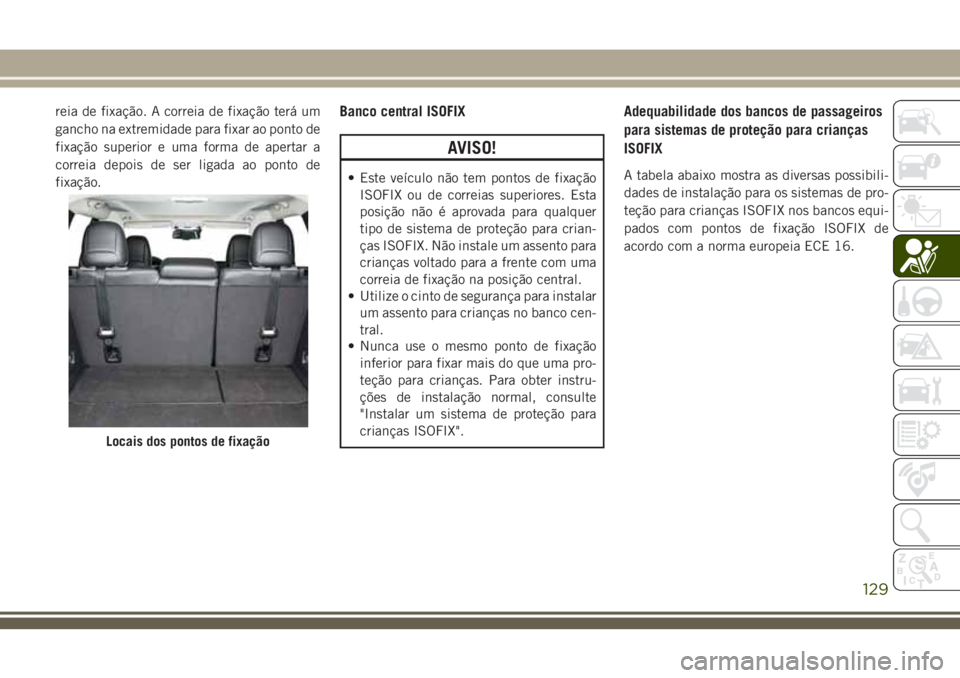 JEEP CHEROKEE 2018 Manual de Uso e Manutenção (in Portuguese) reia de fixação. A correia de fixação terá um
gancho na extremidade para fixar ao ponto de
fixação superior e uma forma de apertar a
correia depois de ser ligada ao ponto de
fixação.Banco cen JEEP CHEROKEE 2018 Manual de Uso e Manutenção (in Portuguese) reia de fixação. A correia de fixação terá um
gancho na extremidade para fixar ao ponto de
fixação superior e uma forma de apertar a
correia depois de ser ligada ao ponto de
fixação.Banco cen