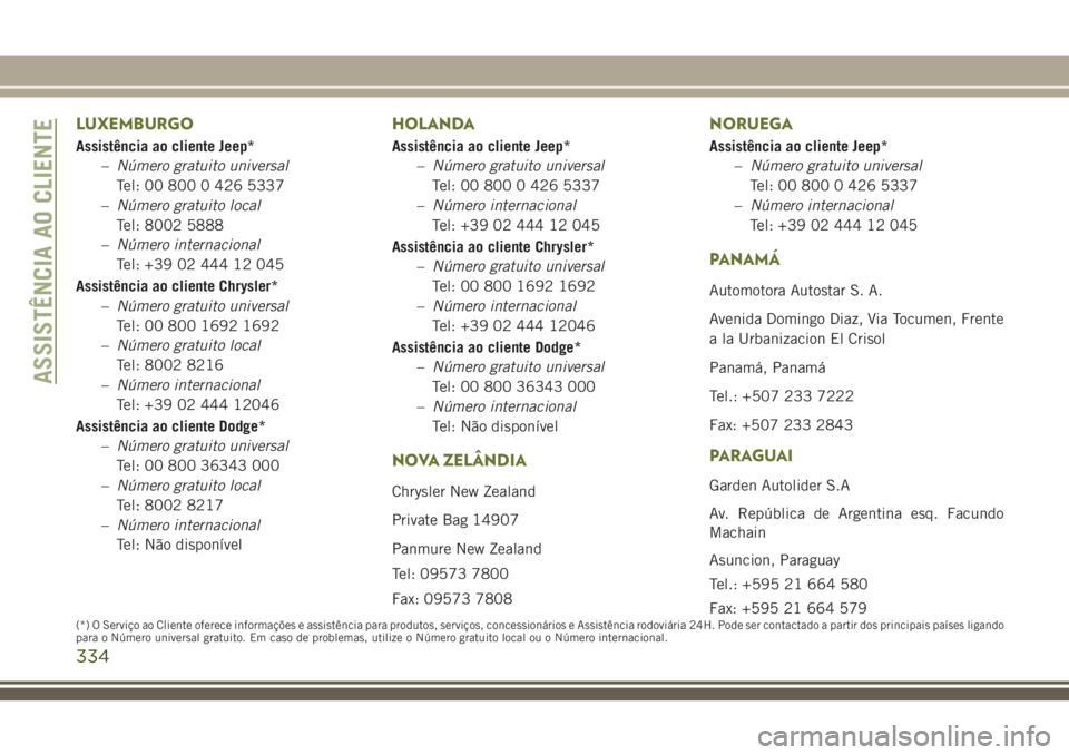 JEEP CHEROKEE 2018  Manual de Uso e Manutenção (in Portuguese) LUXEMBURGO
Assistência ao cliente Jeep*
–Número gratuito universal
Tel: 00 800 0 426 5337
–Número gratuito local
Tel: 8002 5888
–Número internacional
Tel: +39 02 444 12 045
Assistência ao c