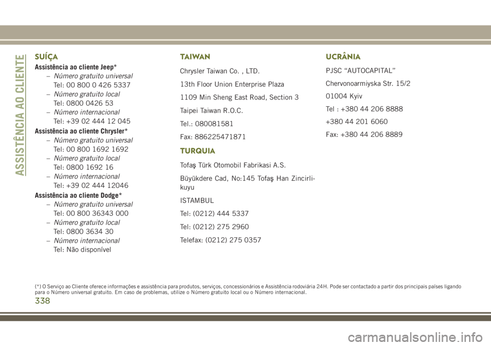 JEEP CHEROKEE 2018 Manual de Uso e Manutenção (in Portuguese) SUÍÇA
Assistência ao cliente Jeep*
–Número gratuito universal
Tel: 00 800 0 426 5337
–Número gratuito local
Tel: 0800 0426 53
–Número internacional
Tel: +39 02 444 12 045
Assistência ao c JEEP CHEROKEE 2018 Manual de Uso e Manutenção (in Portuguese) SUÍÇA
Assistência ao cliente Jeep*
–Número gratuito universal
Tel: 00 800 0 426 5337
–Número gratuito local
Tel: 0800 0426 53
–Número internacional
Tel: +39 02 444 12 045
Assistência ao c