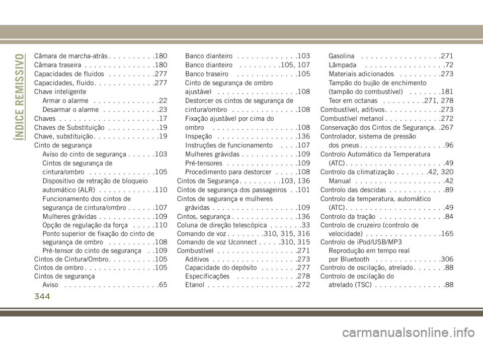 JEEP CHEROKEE 2018 Manual de Uso e Manutenção (in Portuguese) Câmara de marcha-atrás..........180
Câmara traseira...............180
Capacidades de fluidos..........277
Capacidades, fluido.............277
Chave inteligente
Armar o alarme..............22
Desarm JEEP CHEROKEE 2018 Manual de Uso e Manutenção (in Portuguese) Câmara de marcha-atrás..........180
Câmara traseira...............180
Capacidades de fluidos..........277
Capacidades, fluido.............277
Chave inteligente
Armar o alarme..............22
Desarm
