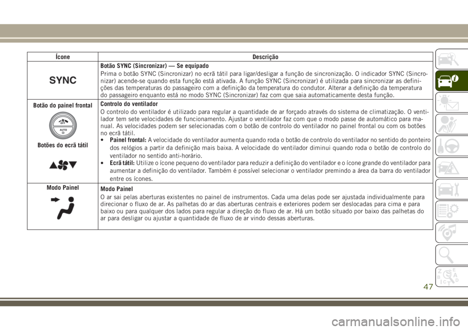 JEEP CHEROKEE 2018 Manual de Uso e Manutenção (in Portuguese) Ícone Descrição
Botão SYNC (Sincronizar) — Se equipado
Prima o botão SYNC (Sincronizar) no ecrã tátil para ligar/desligar a função de sincronização. O indicador SYNC (Sincro-
nizar) acend JEEP CHEROKEE 2018 Manual de Uso e Manutenção (in Portuguese) Ícone Descrição
Botão SYNC (Sincronizar) — Se equipado
Prima o botão SYNC (Sincronizar) no ecrã tátil para ligar/desligar a função de sincronização. O indicador SYNC (Sincro-
nizar) acend