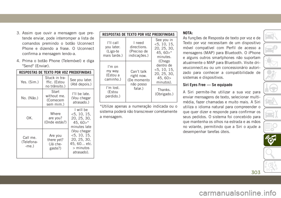 JEEP CHEROKEE 2019  Manual de Uso e Manutenção (in Portuguese) 3. Assim que ouvir a mensagem que pre-
tende enviar, pode interromper a lista de
comandos premindo o botão Uconnect
Phone e dizendo a frase. O Uconnect
confirma a mensagem lendo-a.
4. Prima o botão 