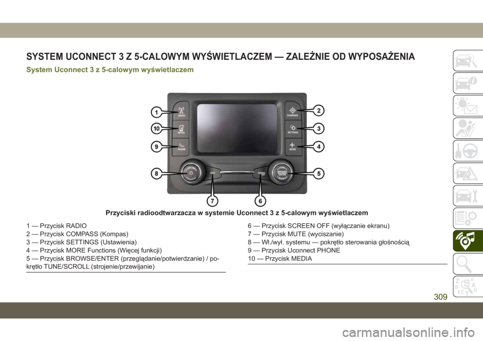 JEEP CHEROKEE 2019  Instrukcja obsługi (in Polish) SYSTEM UCONNECT 3 Z 5-CALOWYM WYŚWIETLACZEM — ZALE\bNIE OD WYPOSA\bENIA
System Uconnect 3 z 5-calowym wyświetlaczem
Przyciski radioodtwarzacza w systemie Uconnect 3 z 5-calowym wyświetlaczem
1 