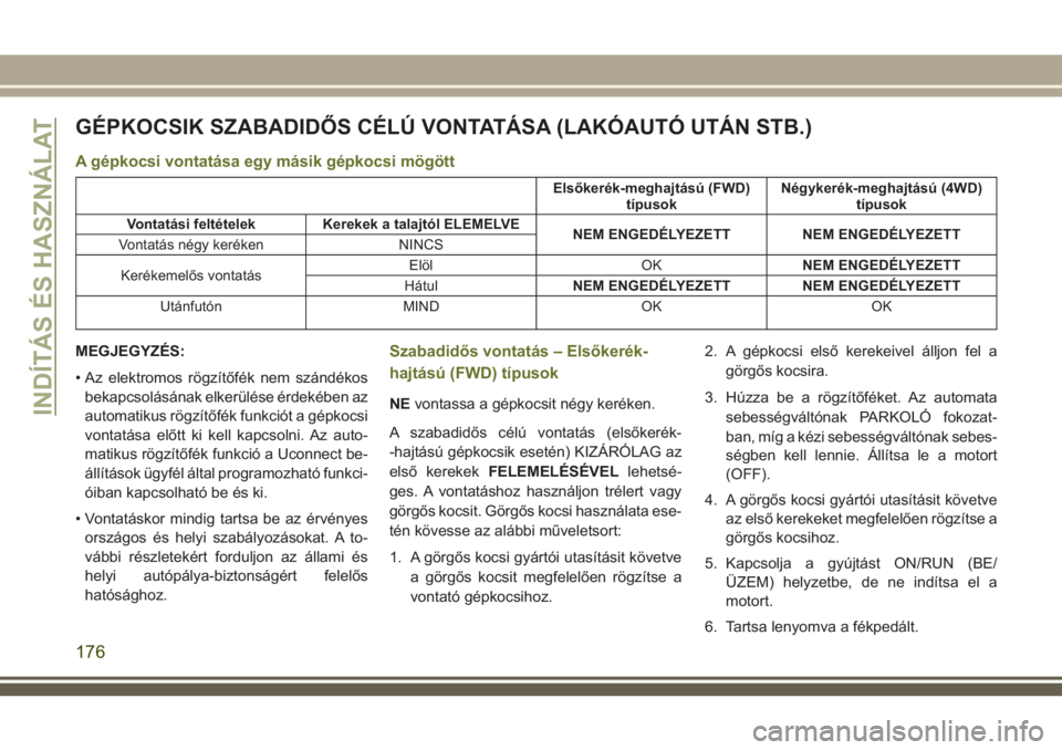 JEEP CHEROKEE 2018  Kezelési és karbantartási útmutató (in Hungarian) GÉPKOCSIK SZABADIDŐS CÉLÚ VONTATÁSA (LAKÓAUTÓ UTÁN STB.)
A gépkocsi vontatása egy másik gépkocsi mögött
Elsőkerék-meghajtású (FWD)
típusokNégykerék-meghajtású (4WD)
típusok
Von