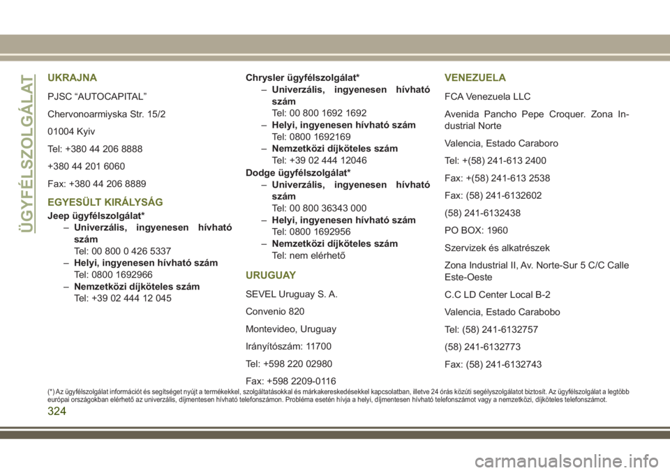 JEEP CHEROKEE 2018 Kezelési és karbantartási útmutató (in Hungarian) UKRAJNA
PJSC “AUTOCAPITAL”
Chervonoarmiyska Str. 15/2
01004 Kyiv
Tel: +380 44 206 8888
+380 44 201 6060
Fax: +380 44 206 8889
EGYESÜLT KIRÁLYSÁG
Jeep ügyfélszolgálat*
–Univerzális, ingyen JEEP CHEROKEE 2018 Kezelési és karbantartási útmutató (in Hungarian) UKRAJNA
PJSC “AUTOCAPITAL”
Chervonoarmiyska Str. 15/2
01004 Kyiv
Tel: +380 44 206 8888
+380 44 201 6060
Fax: +380 44 206 8889
EGYESÜLT KIRÁLYSÁG
Jeep ügyfélszolgálat*
–Univerzális, ingyen
