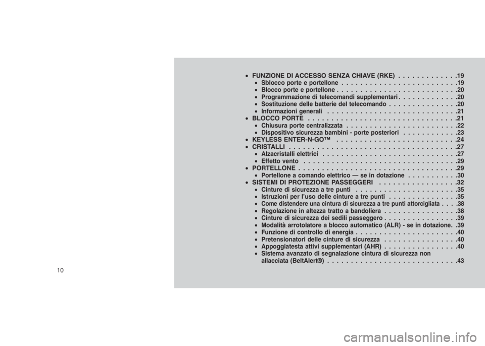 JEEP GRAND CHEROKEE 2014 Libretto Uso Manutenzione (in Italian) •FUNZIONE DI ACCESSO SENZA CHIAVE (RKE) . . . . . . . . . . . . .19•Sblocco porte e portellone.........................19
•Blocco porte e portellone..........................20
•Programmazione JEEP GRAND CHEROKEE 2014 Libretto Uso Manutenzione (in Italian) •FUNZIONE DI ACCESSO SENZA CHIAVE (RKE) . . . . . . . . . . . . .19•Sblocco porte e portellone.........................19
•Blocco porte e portellone..........................20
•Programmazione