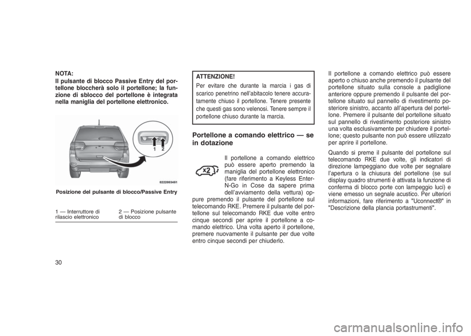 JEEP GRAND CHEROKEE 2014 Libretto Uso Manutenzione (in Italian) NOTA:
Il pulsante di blocco Passive Entry del por-
tellone bloccherà solo il portellone; la fun-
zione di sblocco del portellone è integrata
nella maniglia del portellone elettronico.ATTENZIONE!
Per JEEP GRAND CHEROKEE 2014 Libretto Uso Manutenzione (in Italian) NOTA:
Il pulsante di blocco Passive Entry del por-
tellone bloccherà solo il portellone; la fun-
zione di sblocco del portellone è integrata
nella maniglia del portellone elettronico.ATTENZIONE!
Per