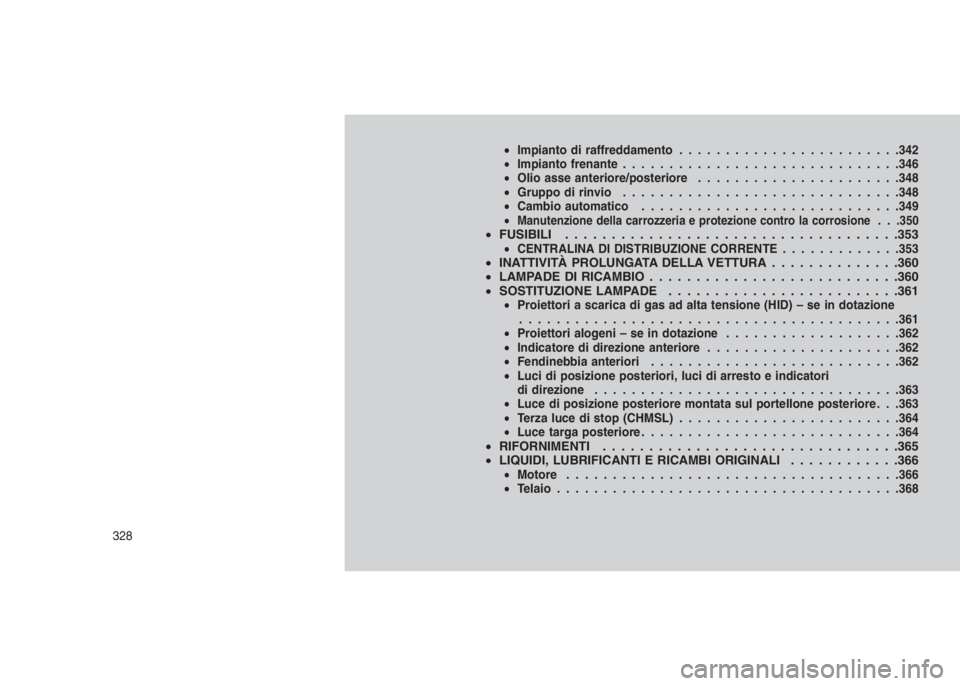 JEEP GRAND CHEROKEE 2014 Libretto Uso Manutenzione (in Italian) •Impianto di raffreddamento........................342
•Impianto frenante..............................346
•Olio asse anteriore/posteriore......................348
•Gruppo di rinvio........... JEEP GRAND CHEROKEE 2014 Libretto Uso Manutenzione (in Italian) •Impianto di raffreddamento........................342
•Impianto frenante..............................346
•Olio asse anteriore/posteriore......................348
•Gruppo di rinvio...........