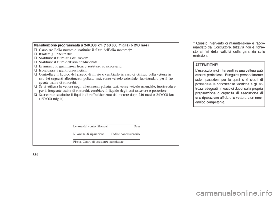 JEEP GRAND CHEROKEE 2014 Libretto Uso Manutenzione (in Italian) † Questo intervento di manutenzione è racco-
mandato dal Costruttore, tuttavia non è richie-
sto ai fini della validità della garanzia sulle
emissioni.
ATTENZIONE!
L’esecuzione di interventi su JEEP GRAND CHEROKEE 2014 Libretto Uso Manutenzione (in Italian) † Questo intervento di manutenzione è racco-
mandato dal Costruttore, tuttavia non è richie-
sto ai fini della validità della garanzia sulle
emissioni.
ATTENZIONE!
L’esecuzione di interventi su