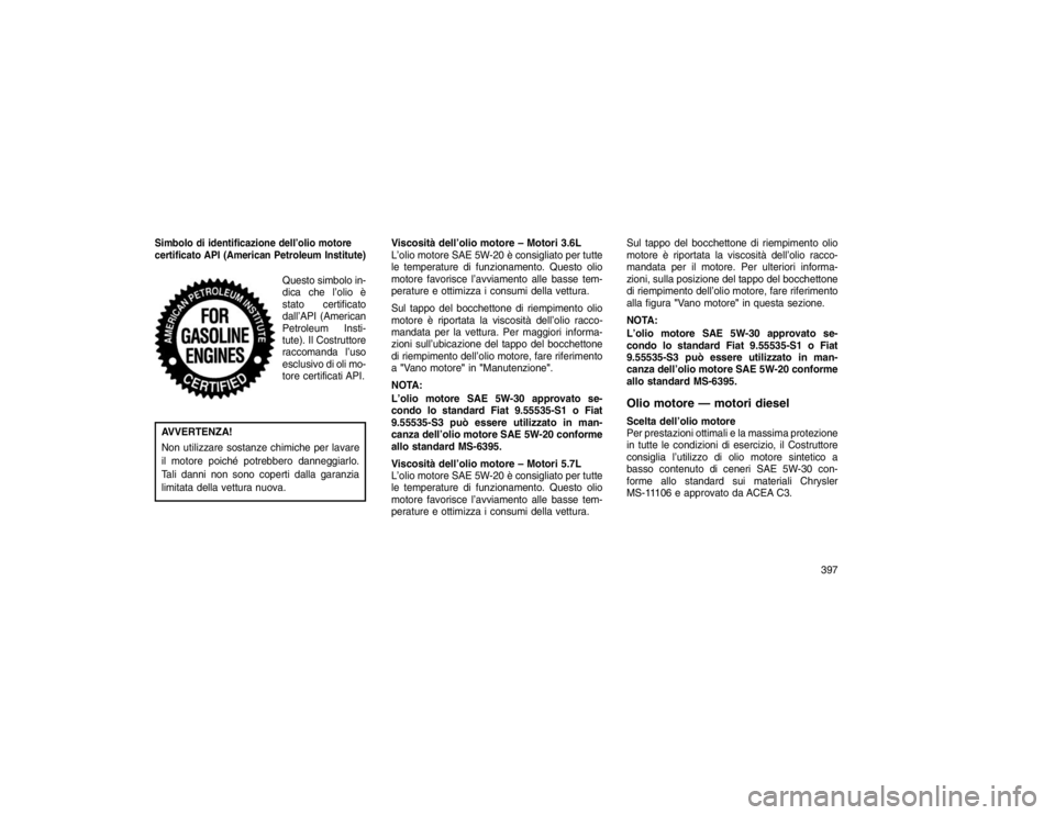 JEEP GRAND CHEROKEE 2016 Libretto Uso Manutenzione (in Italian) Simbolo di identificazione dell’olio motore
certificato API (American Petroleum Institute)
Questo simbolo in-
dica che l’olio è
stato certificato
dall’API (American
Petroleum Insti-
tute). Il C JEEP GRAND CHEROKEE 2016 Libretto Uso Manutenzione (in Italian) Simbolo di identificazione dell’olio motore
certificato API (American Petroleum Institute)
Questo simbolo in-
dica che l’olio è
stato certificato
dall’API (American
Petroleum Insti-
tute). Il C