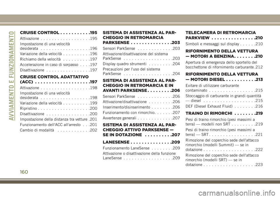 JEEP GRAND CHEROKEE 2018  Libretto Uso Manutenzione (in Italian) CRUISE CONTROL...........195
Attivazione..................195
Impostazione di una velocità
desiderata..................196
Variazione della velocità..........196
Richiamo della velocità..........19