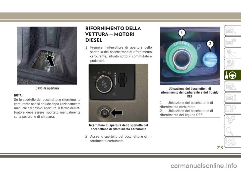 JEEP GRAND CHEROKEE 2018  Libretto Uso Manutenzione (in Italian) NOTA:
Se lo sportello del bocchettone rifornimento
carburante non si chiude dopo l'azionamento
manuale del cavo di apertura, il fermo dell'at-
tuatore deve essere riportato manualmente
sulla p