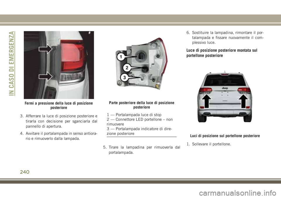 JEEP GRAND CHEROKEE 2018  Libretto Uso Manutenzione (in Italian) 3. Afferrare la luce di posizione posteriore e
tirarla con decisione per sganciarla dal
pannello di apertura.
4. Avvitare il portalampada in senso antiora-
rio e rimuoverlo dalla lampada.
5. Tirare la