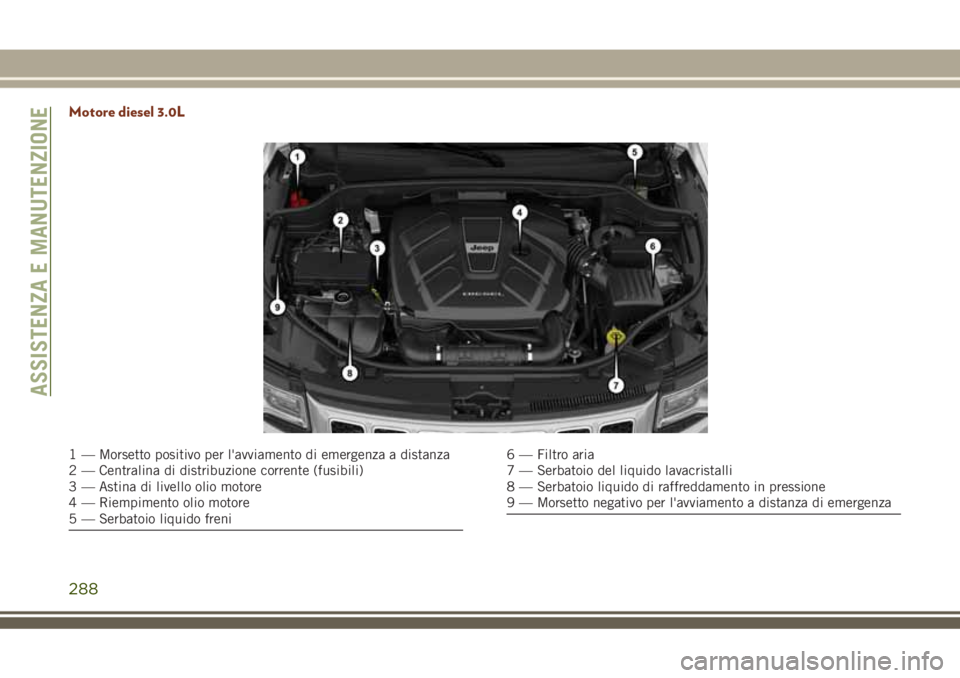 JEEP GRAND CHEROKEE 2018  Libretto Uso Manutenzione (in Italian) Motore diesel 3.0L
1 — Morsetto positivo per l'avviamento di emergenza a distanza
2 — Centralina di distribuzione corrente (fusibili)
3 — Astina di livello olio motore
4 — Riempimento olio