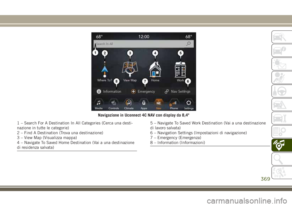 JEEP GRAND CHEROKEE 2018  Libretto Uso Manutenzione (in Italian) Navigazione in Uconnect 4C NAV con display da 8,4"
1 – Search For A Destination In All Categories (Cerca una desti-
nazione in tutte le categorie)
2 – Find A Destination (Trova una destinazion