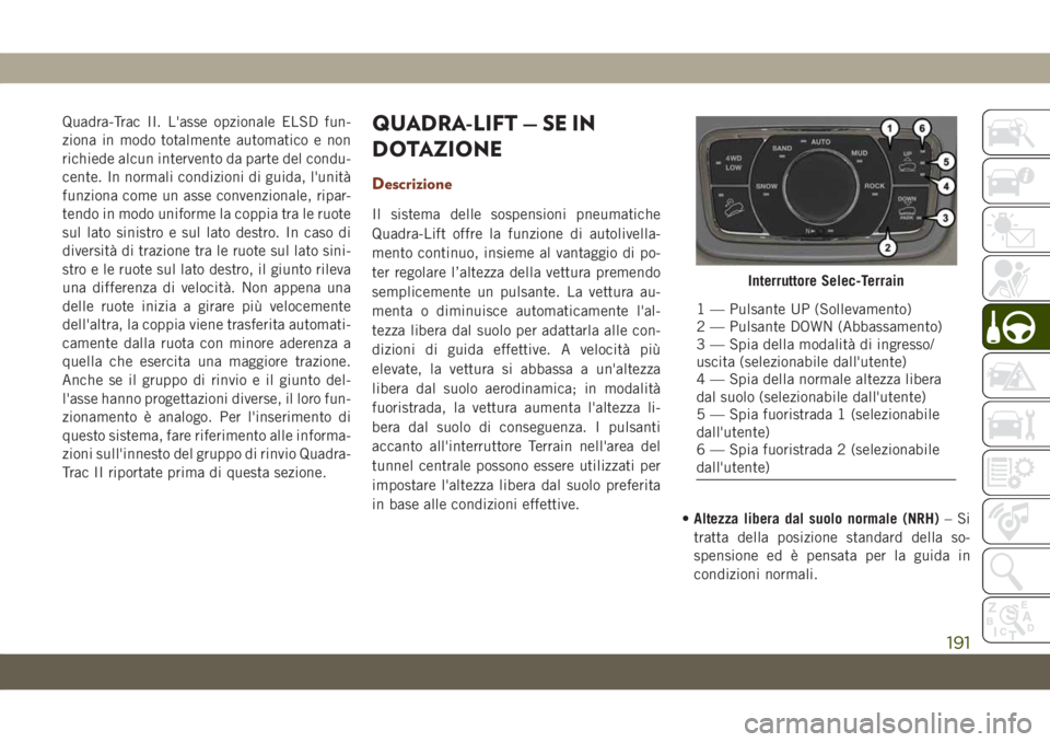 JEEP GRAND CHEROKEE 2019 Libretto Uso Manutenzione (in Italian) Quadra-Trac II. L'asse opzionale ELSD fun-
ziona in modo totalmente automatico e non
richiede alcun intervento da parte del condu-
cente. In normali condizioni di guida, l'unità
funziona come JEEP GRAND CHEROKEE 2019 Libretto Uso Manutenzione (in Italian) Quadra-Trac II. L'asse opzionale ELSD fun-
ziona in modo totalmente automatico e non
richiede alcun intervento da parte del condu-
cente. In normali condizioni di guida, l'unità
funziona come