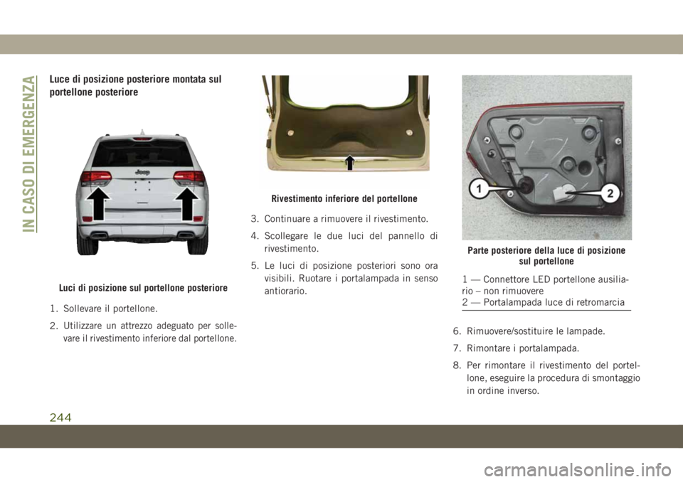 JEEP GRAND CHEROKEE 2019  Libretto Uso Manutenzione (in Italian) Luce di posizione posteriore montata sul
portellone posteriore
1. Sollevare il portellone.
2.
Utilizzare un attrezzo adeguato per solle-
vare il rivestimento inferiore dal portellone.
3. Continuare a 