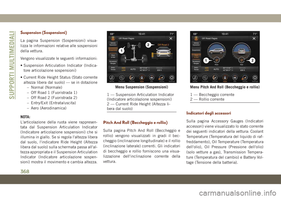 JEEP GRAND CHEROKEE 2019 Libretto Uso Manutenzione (in Italian) Suspension (Sospensioni)
La pagina Suspension (Sospensioni) visua-
lizza le informazioni relative alle sospensioni
della vettura.
Vengono visualizzate le seguenti informazioni:
• Suspension Articula JEEP GRAND CHEROKEE 2019 Libretto Uso Manutenzione (in Italian) Suspension (Sospensioni)
La pagina Suspension (Sospensioni) visua-
lizza le informazioni relative alle sospensioni
della vettura.
Vengono visualizzate le seguenti informazioni:
• Suspension Articula