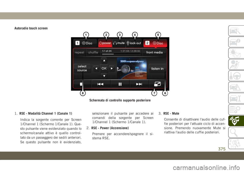 JEEP GRAND CHEROKEE 2019  Libretto Uso Manutenzione (in Italian) Autoradio touch screen
1.RSE - Modalità Channel 1 (Canale 1)
Indica la sorgente corrente per Screen
1/Channel 1 (Schermo 1/Canale 1). Que-
sto pulsante viene evidenziato quando lo
schermo/canale atti