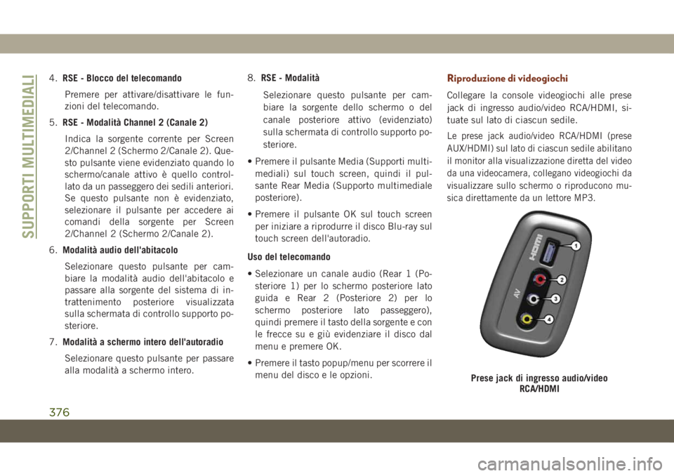 JEEP GRAND CHEROKEE 2019 Libretto Uso Manutenzione (in Italian) 4.RSE - Blocco del telecomando
Premere per attivare/disattivare le fun-
zioni del telecomando.
5.RSE - Modalità Channel 2 (Canale 2)
Indica la sorgente corrente per Screen
2/Channel 2 (Schermo 2/Cana JEEP GRAND CHEROKEE 2019 Libretto Uso Manutenzione (in Italian) 4.RSE - Blocco del telecomando
Premere per attivare/disattivare le fun-
zioni del telecomando.
5.RSE - Modalità Channel 2 (Canale 2)
Indica la sorgente corrente per Screen
2/Channel 2 (Schermo 2/Cana