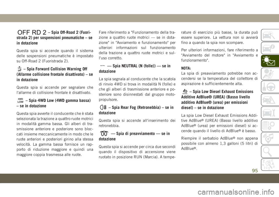 JEEP GRAND CHEROKEE 2019 Libretto Uso Manutenzione (in Italian) – Spia Off-Road 2 (Fuori-
strada 2) per sospensioni pneumatiche – se
in dotazione
Questa spia si accende quando il sistema
delle sospensioni pneumatiche è impostato
su Off-Road 2 (Fuoristrada 2). JEEP GRAND CHEROKEE 2019 Libretto Uso Manutenzione (in Italian) – Spia Off-Road 2 (Fuori-
strada 2) per sospensioni pneumatiche – se
in dotazione
Questa spia si accende quando il sistema
delle sospensioni pneumatiche è impostato
su Off-Road 2 (Fuoristrada 2).
